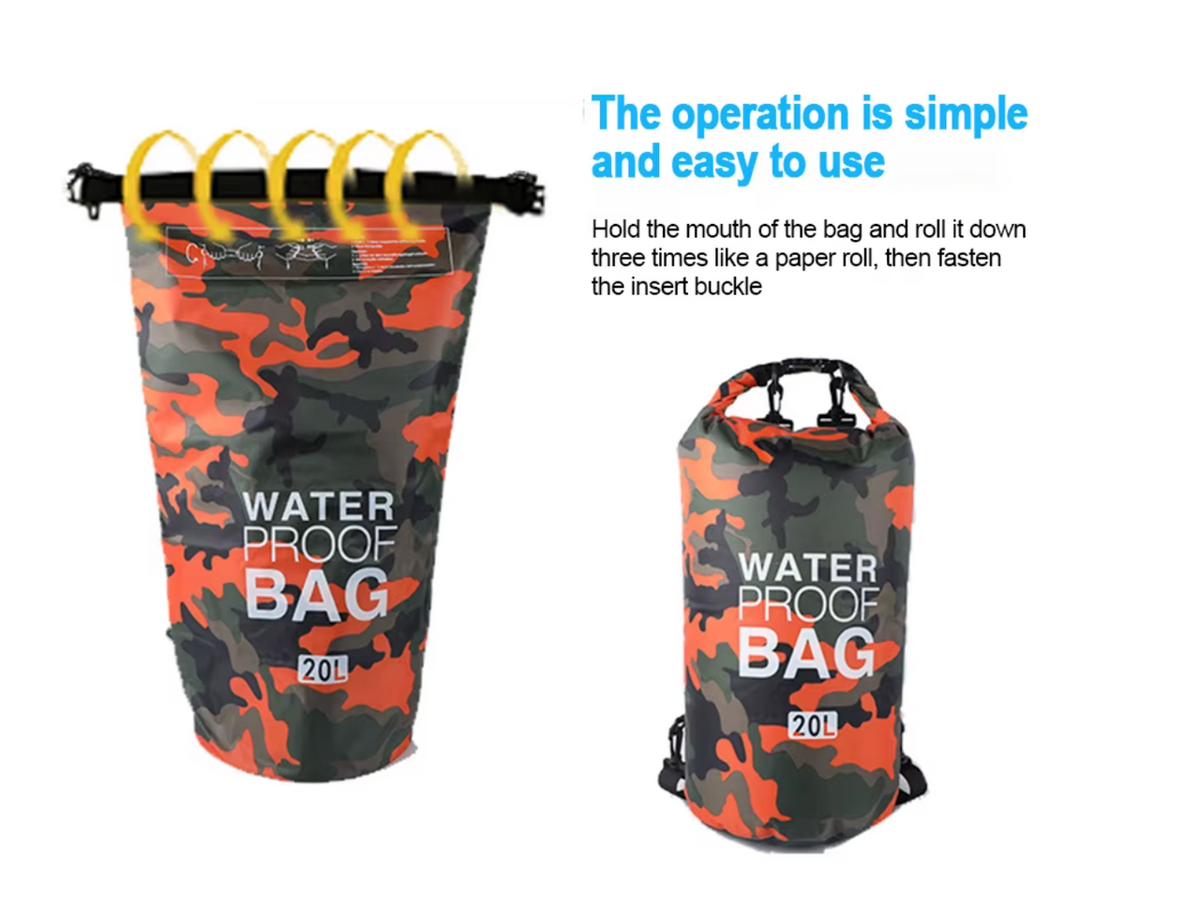 Camo Waterproof Dry Bag - 10L & 20L - Heavy Duty Storage Bag for Camping, Boating, Kayaking, SUP, 4x4, Off Road, Travel, Adventure