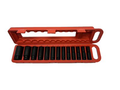 NEW 13pcs 1/2'' Deep Impact Socket Tool Set in Red Plastic Carry Box Mechanic