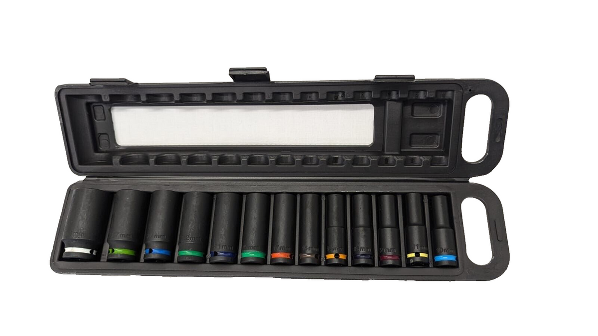 NEW 13pcs 1/2'' Deep Impact Socket Set Coloured Silk Loop in Black Plastic Box