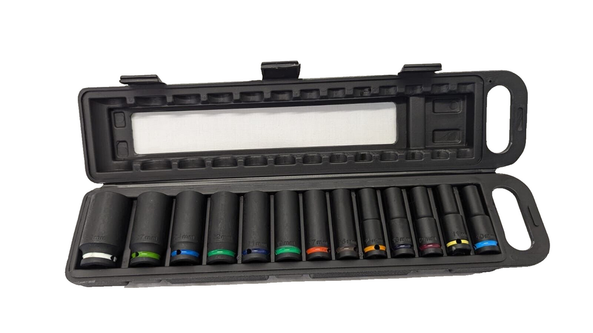 NEW 13pcs 1/2'' Deep Impact Socket Set Coloured Silk Loop in Black Plastic Box