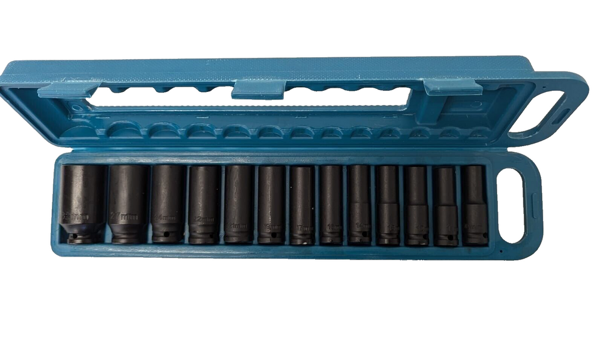 NEW 13pcs 1/2'' Deep Impact Socket Tool Set in Blue Plastic Carry Box Mechanic
