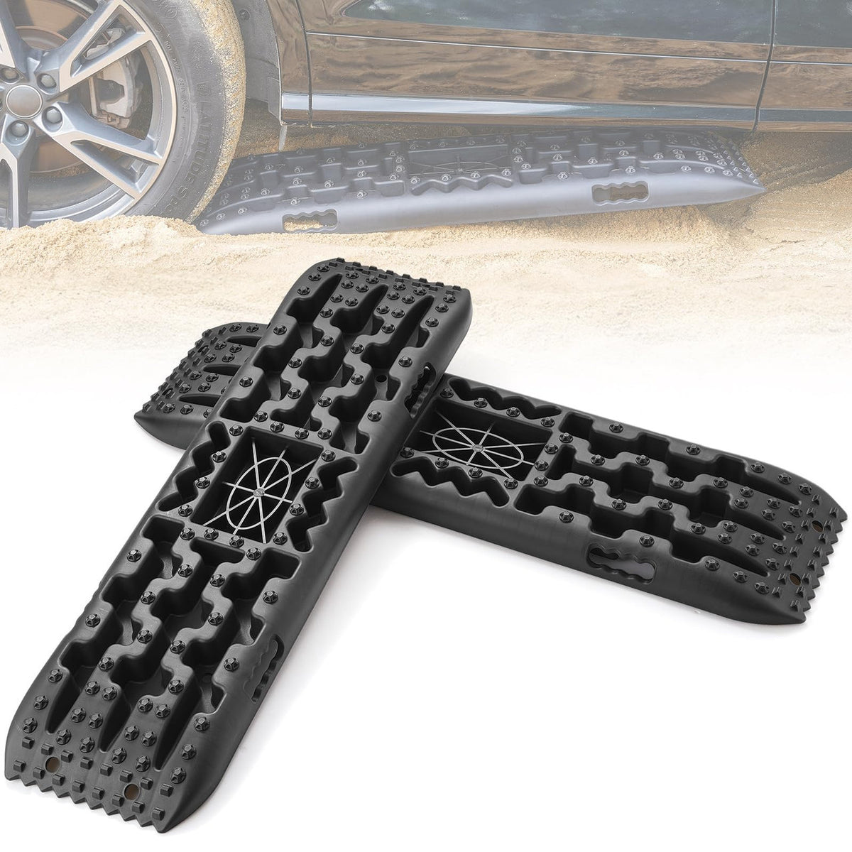 2x Black Recovery Traction Board WITH JACK BASE Pad Mud Sand Ladder Plastic Pair 4x4