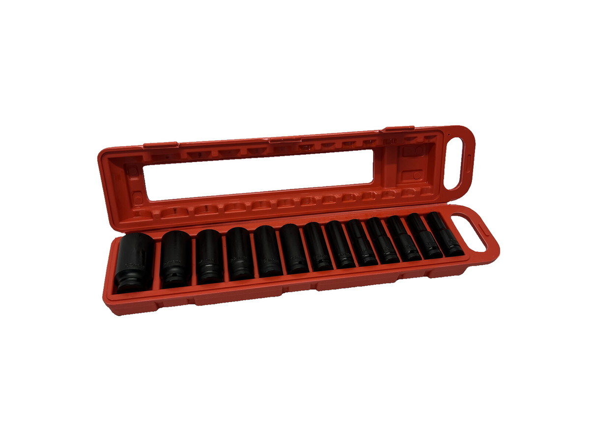 NEW 13pcs 1/2'' Deep Impact Socket Tool Set in Red Plastic Carry Box Mechanic