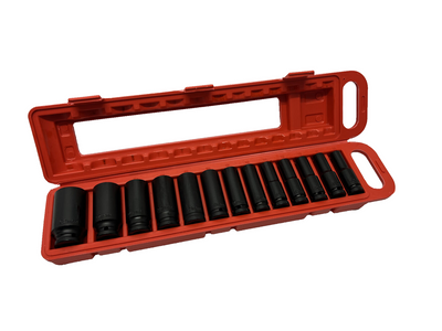 NEW 13pcs 1/2'' Deep Impact Socket Tool Set in Red Plastic Carry Box Mechanic