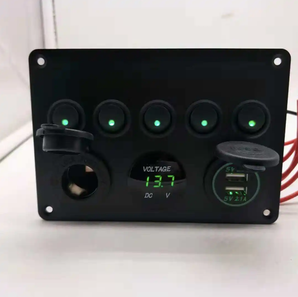 5 Gang 12V Aluminium Switch Panel LED Dual USB Socket Charger + Voltmeter Toggle On Off Distribution Power Splitter Car Marine Boat 4x4