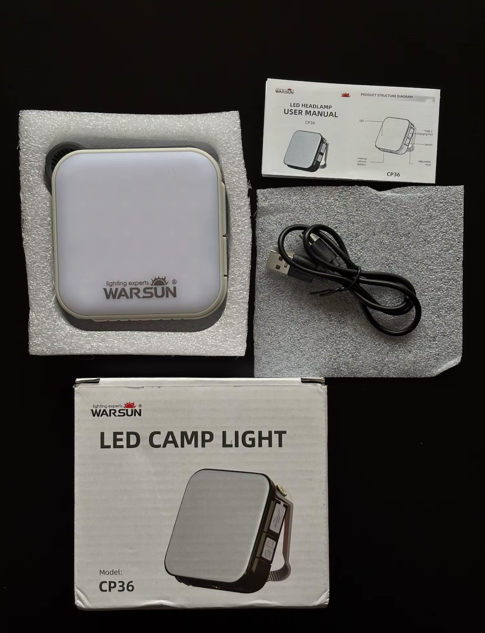 Warsun CP36 Camping Light - Rechargeable USB C Outdoor Portable Camp 4x4 Hanging Lights