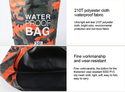 Camo Waterproof Dry Bag - 10L & 20L - Heavy Duty Storage Bag for Camping, Boating, Kayaking, SUP, 4x4, Off Road, Travel, Adventure