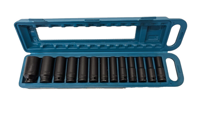 NEW 13pcs 1/2'' Deep Impact Socket Tool Set in Blue Plastic Carry Box Mechanic