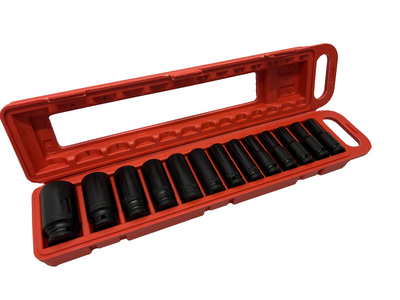 NEW 13pcs 1/2'' Deep Impact Socket Tool Set in Red Plastic Carry Box Mechanic
