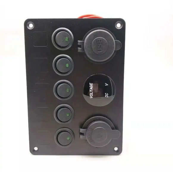 5 Gang 12V Aluminium Switch Panel LED Dual USB Socket Charger + Voltmeter Toggle On Off Distribution Power Splitter Car Marine Boat 4x4