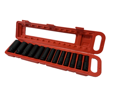 NEW 13pcs 1/2'' Deep Impact Socket Tool Set in Red Plastic Carry Box Mechanic