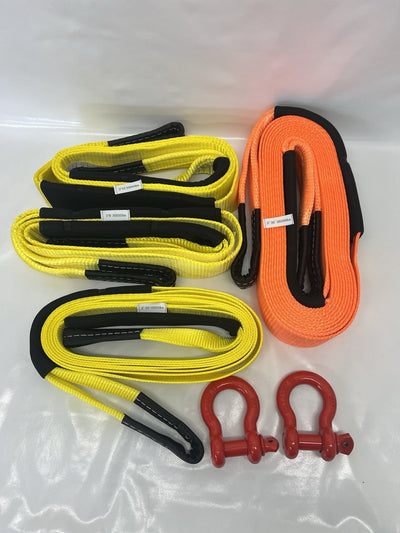 4x4 Recovery Winch Strap & Bow Shackle Towing Tow Set Off Road Hi Vis (BUNDLE 1)
